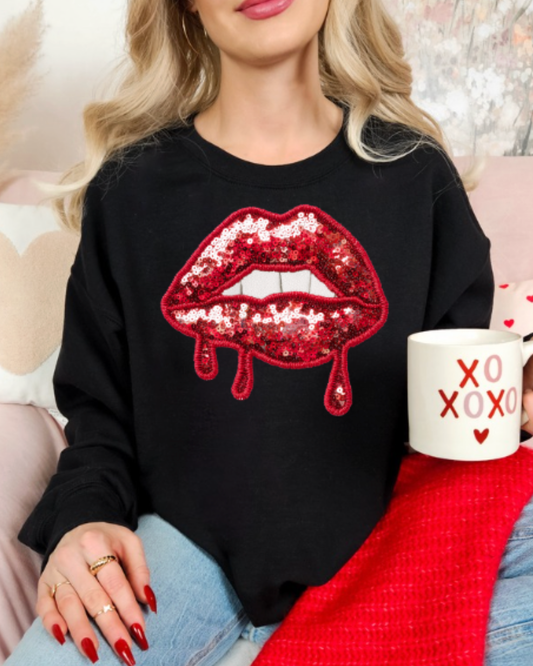 Lip Drip Black Crewneck Graphic Sweatshirt