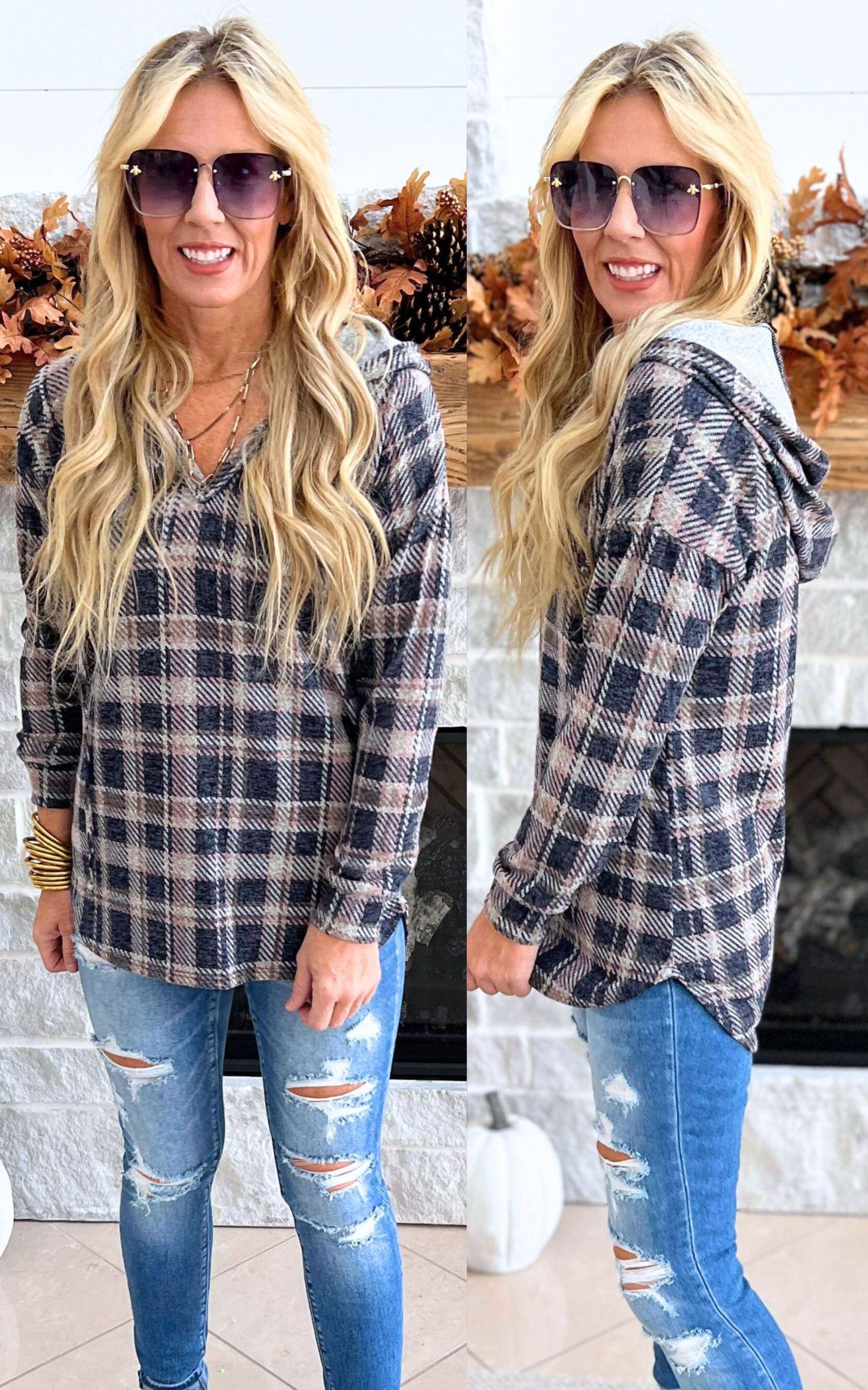 Smokey Blue Plaid Hoodie Top