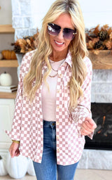 All the Cozy Checkered Taupe Shacket by Salty Wave
