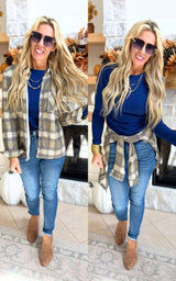 Falling for Plaid Roll Up Long Sleeve Top - Olive