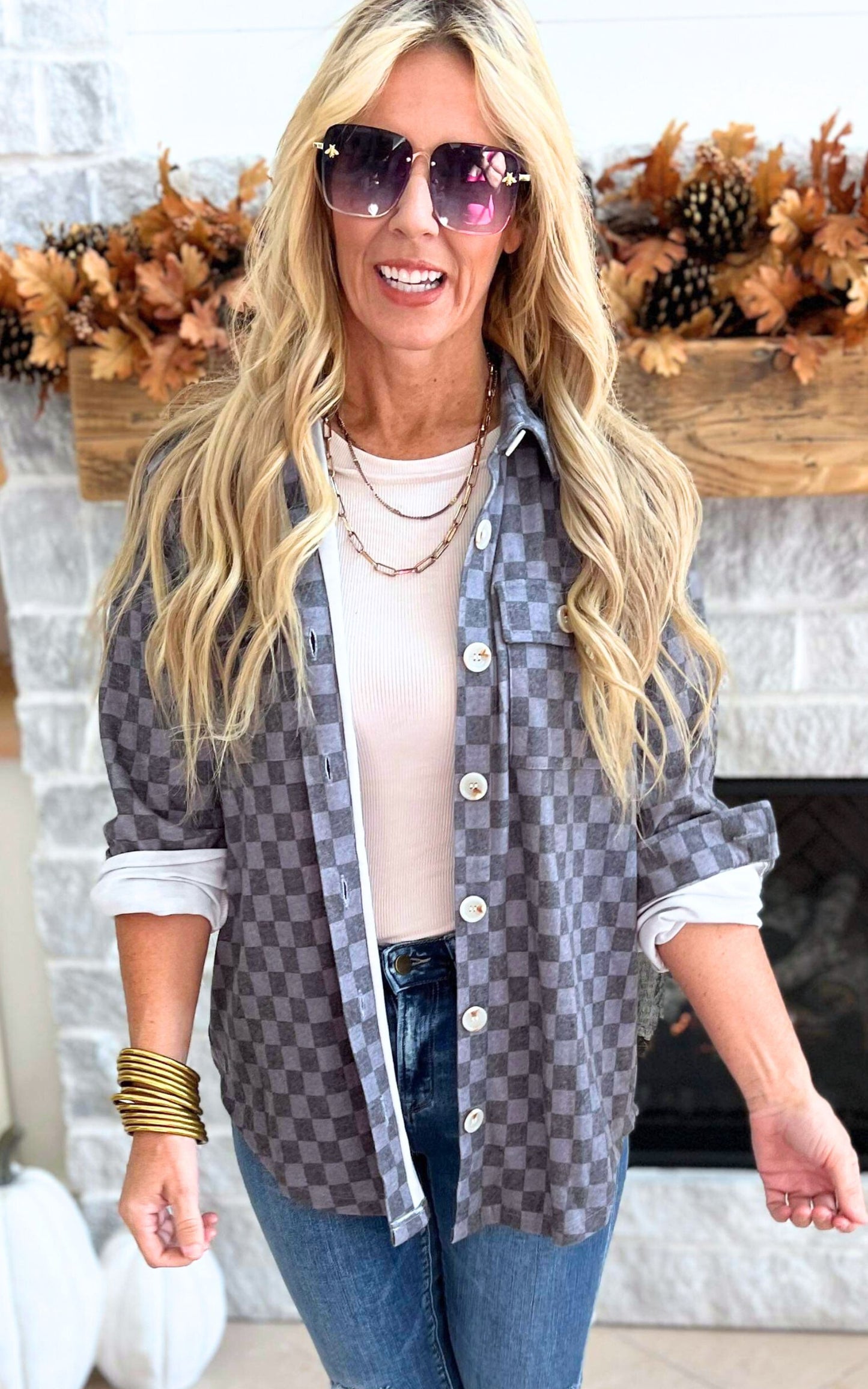 All the Cozy Checkered Charcoal Shacket by Salty Wave