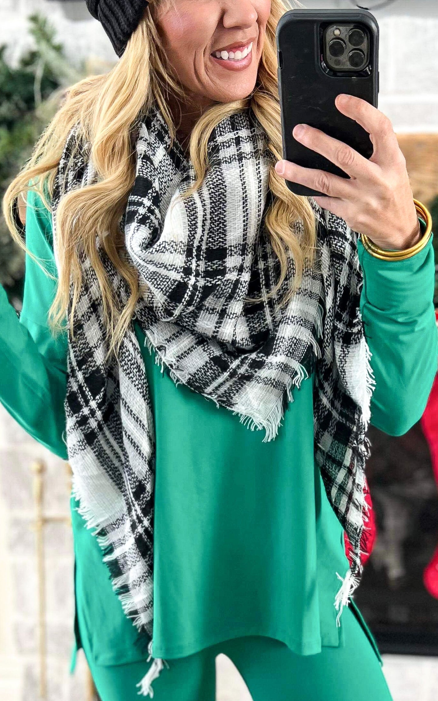 Black White Plaid Triangle Blanket Scarf - Final Sale