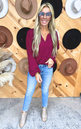 Woven Split Top Blouse Top - Wine