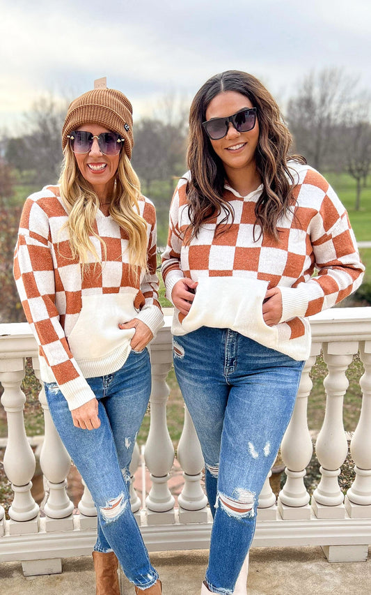 Checkered V-Neck Sweater Hoodie