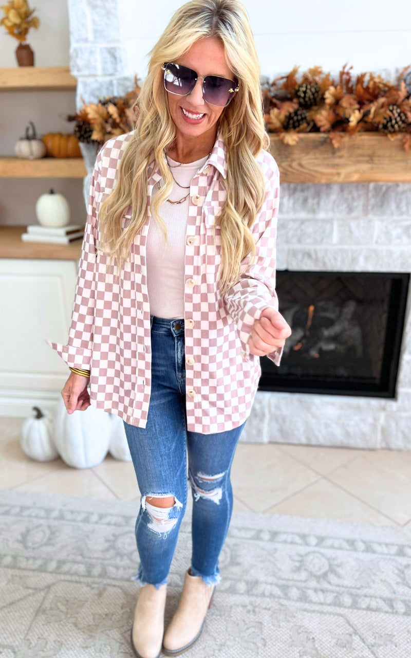 All the Cozy Checkered Taupe Shacket by Salty Wave
