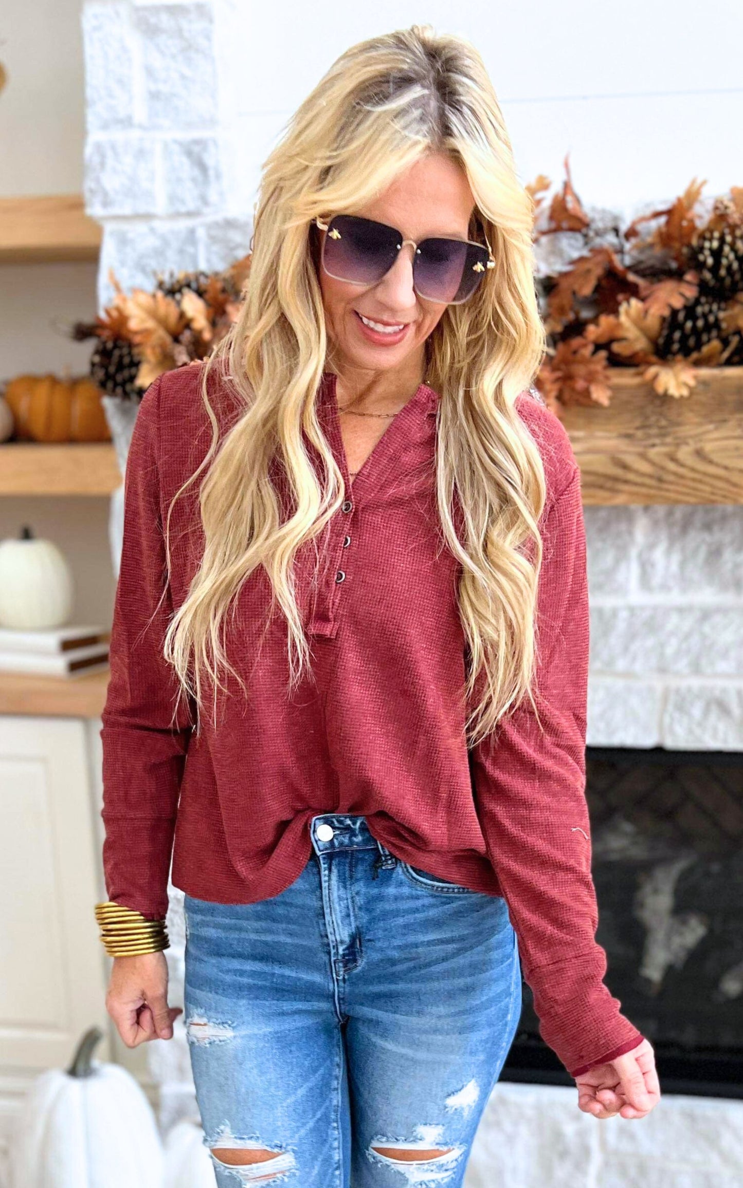 Maroon Waffle Knit 1/4 Button Down Top