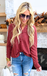 Maroon Waffle Knit 1/4 Button Down Top