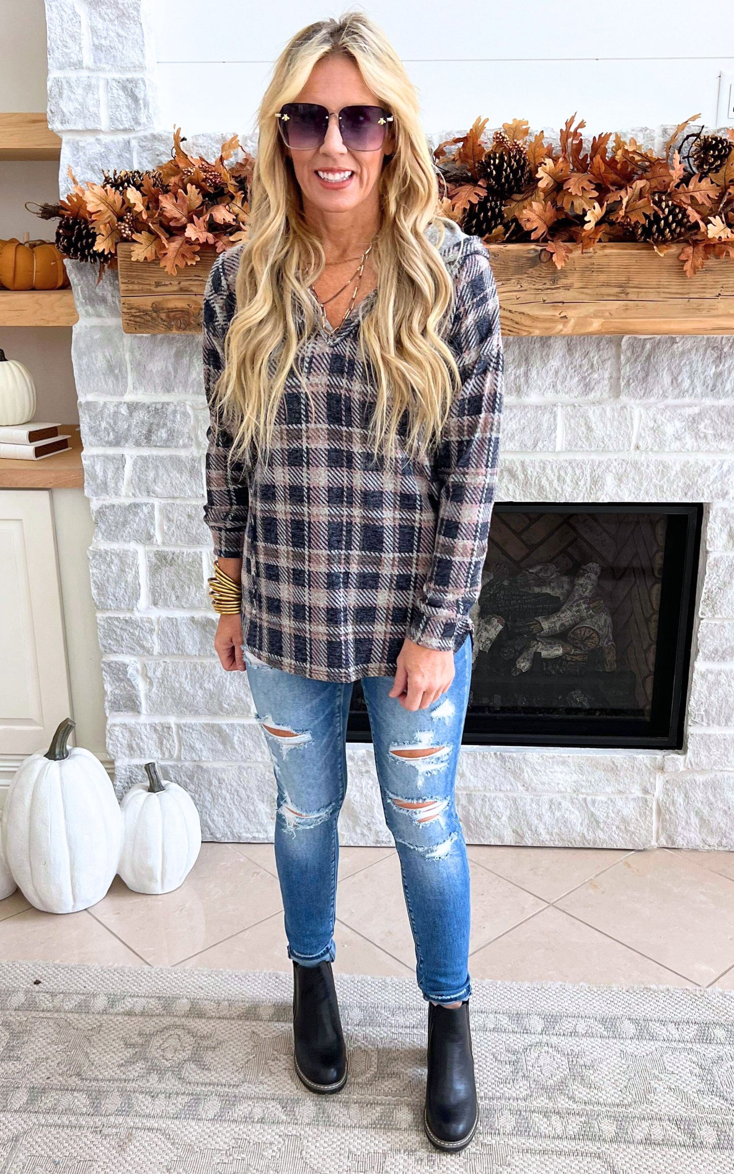 Smokey Blue Plaid Hoodie Top - Final Sale