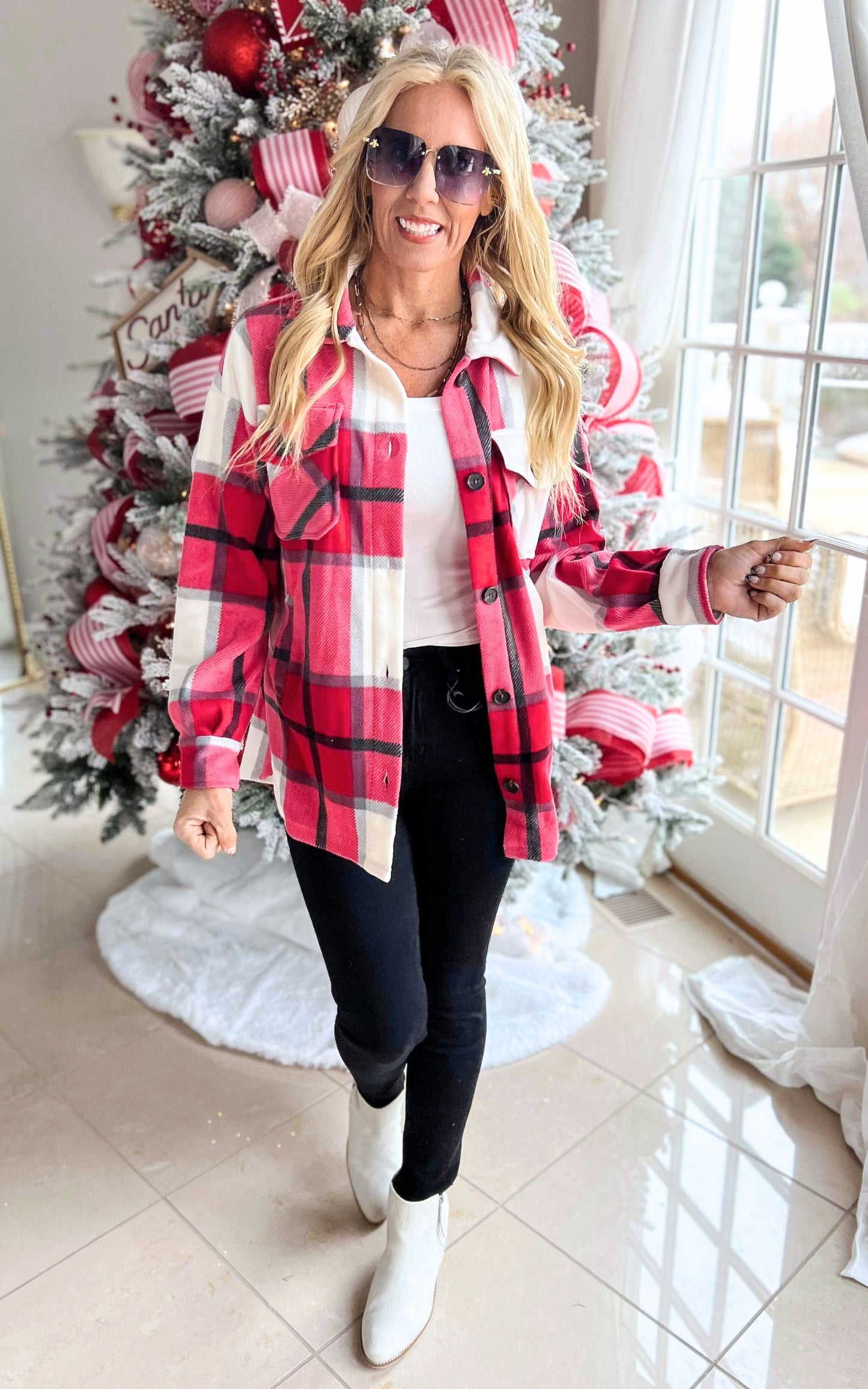 Viva Magenta Oversized Plaid Fleece Shacket