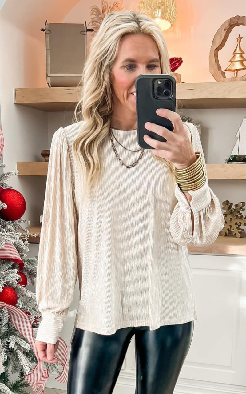 Champagne Textured Long Sleeve Peasant Top