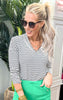 Striped V-Neck Long Sleeve Drop Shoulder Top - Final Sale