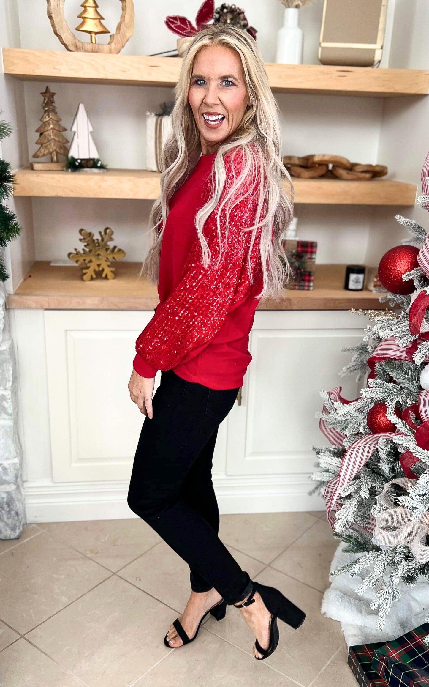 Red Sequin Sleeve Top