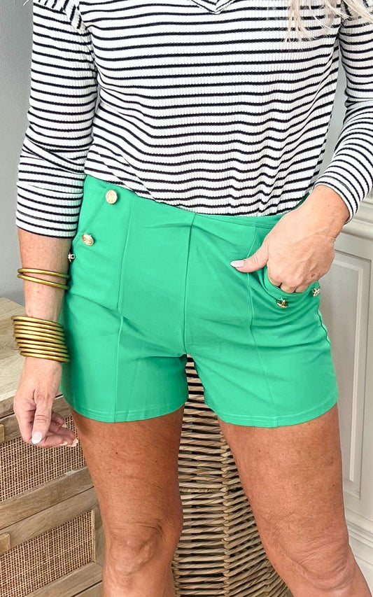 Kelly Green Knit Crepe 6 Button Pocket Shorts - Final Sale