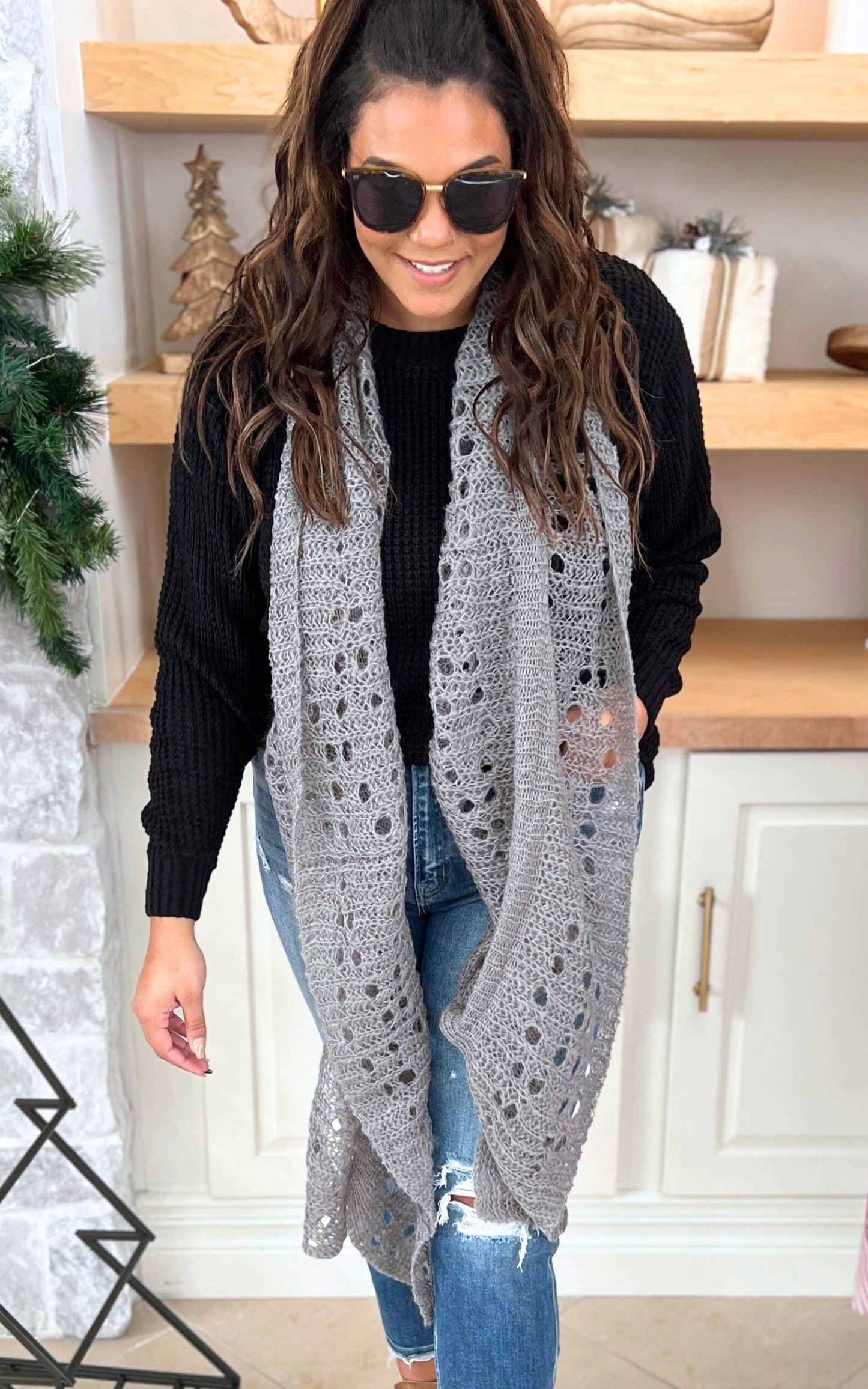 Grey Open Knit Oblong Scarf