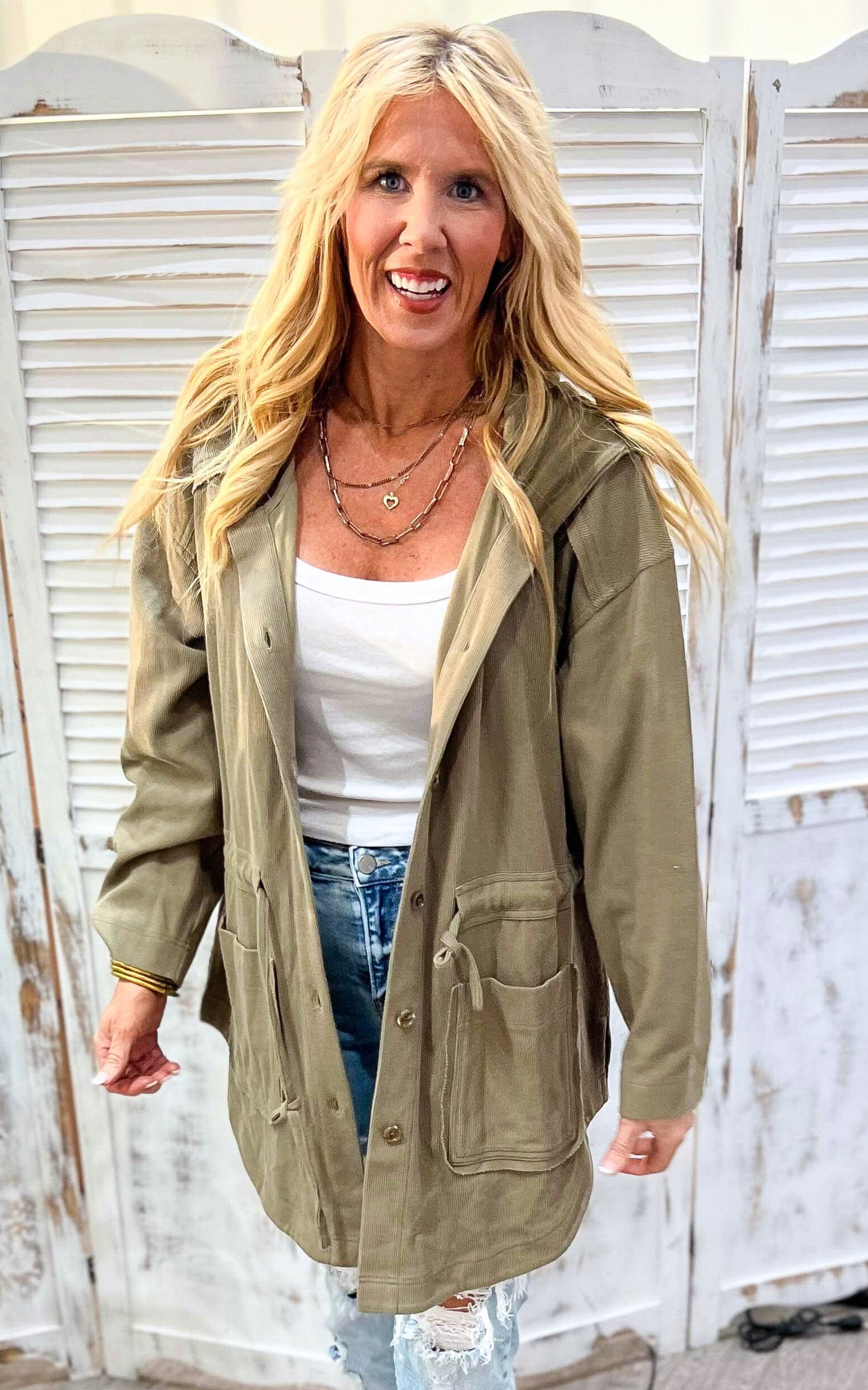 Vintage Olive Button Up Hoodie Jacket