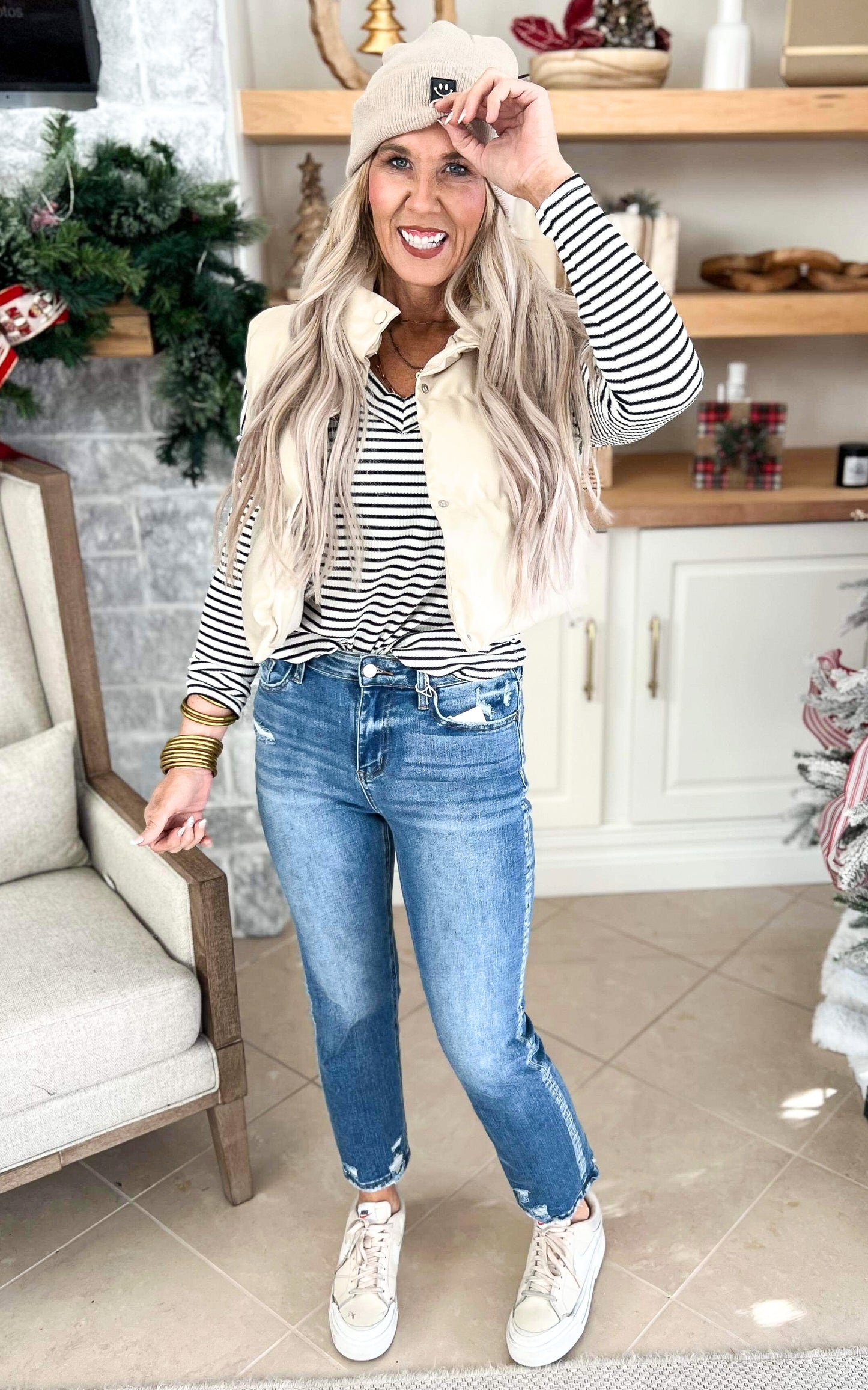 Striped V-Neck Long Sleeve Drop Shoulder Top - Final Sale