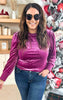 Magenta Velvet Puffed Sleeves Sweatshirt Top