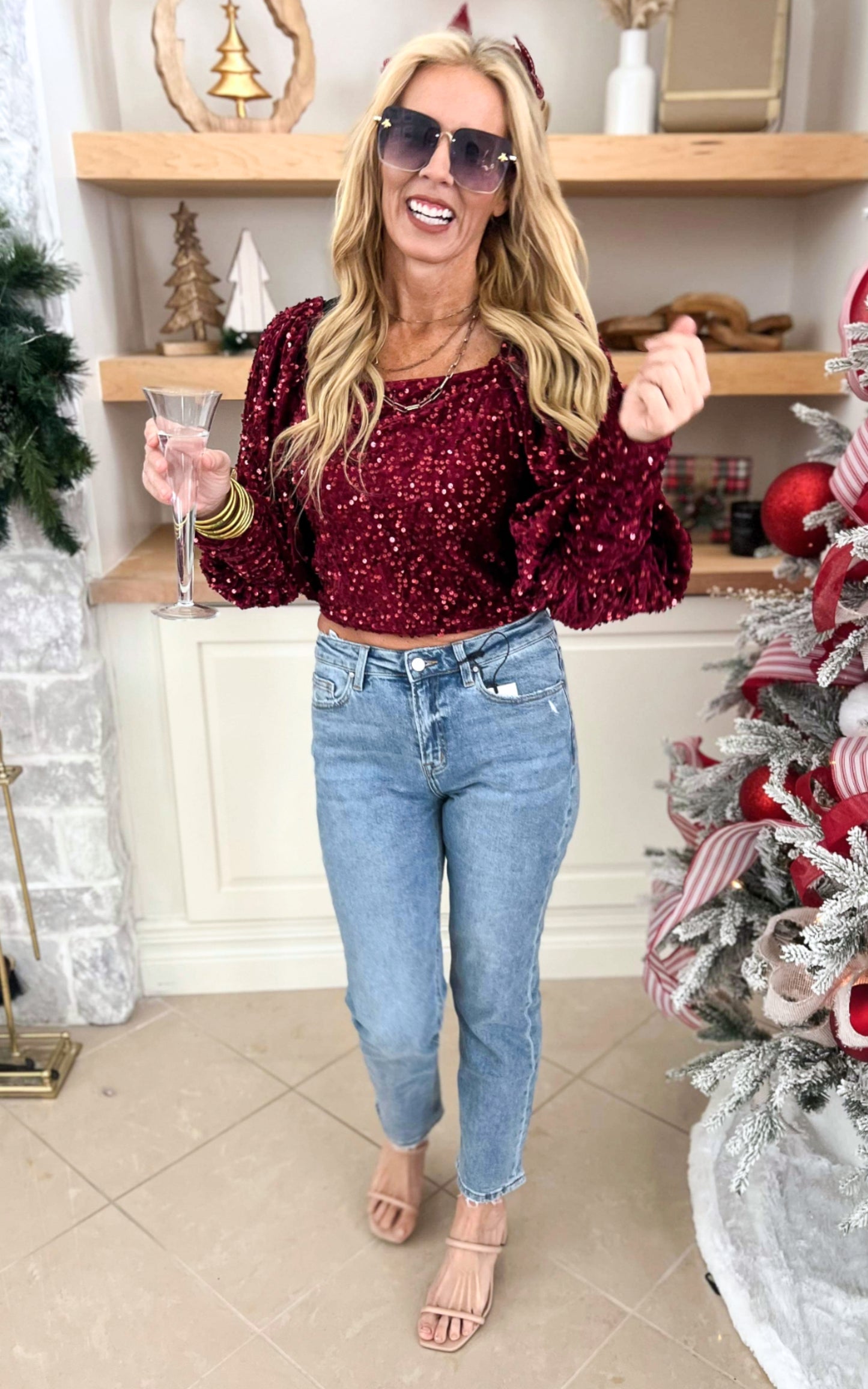 Sequin Velvet Square Neck Puff Sleeve Top - Final Sale