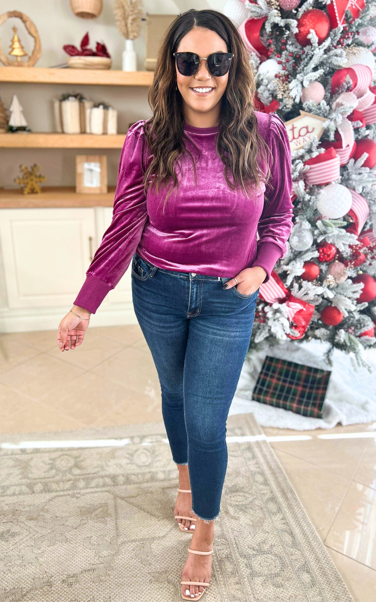 Magenta Velvet Puffed Sleeves Sweatshirt Top