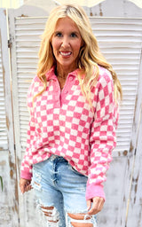 Pink Checkered Quarter Neck Collared Sweater - Final Sale