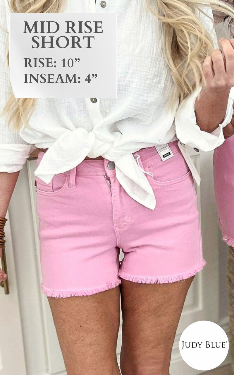 JUDY BLUE Light Pink Mid-Rise Garment Dyed Fray Hem Denim Shorts