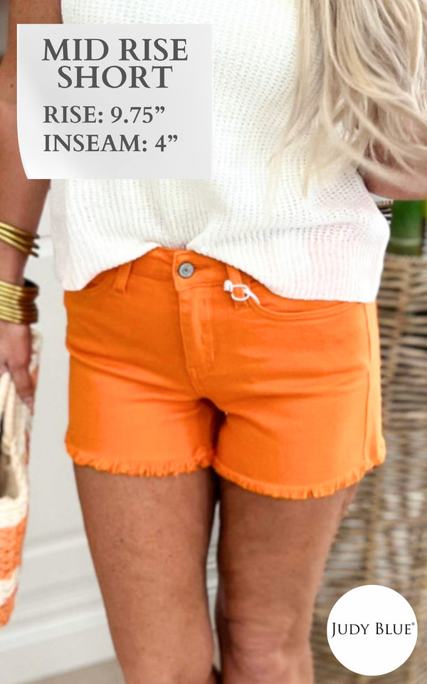 Mid Rise Orange Frayed Denim Shorts (REG/CURVY) | Judy Blue