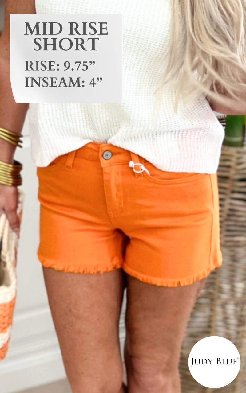 Judy Blue Mid Rise Orange Garment Dyed Frayed Denim Shorts