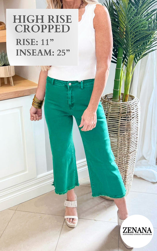 Kelly Green Acid Wash Straight Leg Cropped Denim Jeans | Zenana - Final Sale