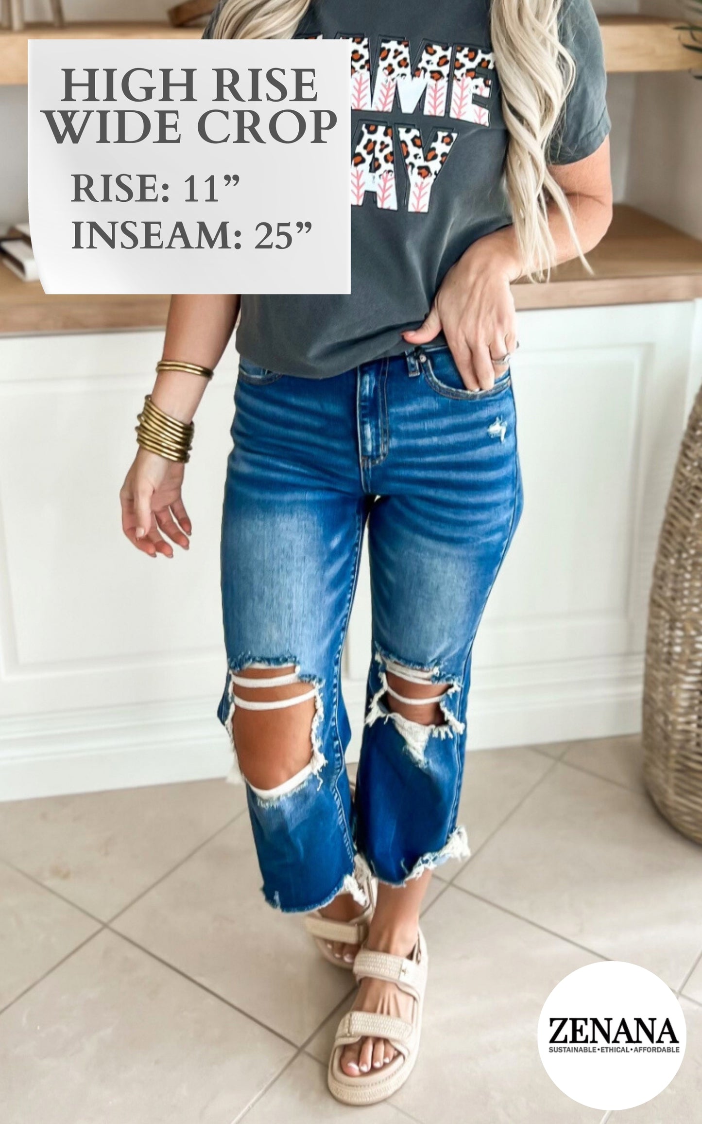 Zenana High Waist Distressed Wide Leg Cropped Denim Jeans