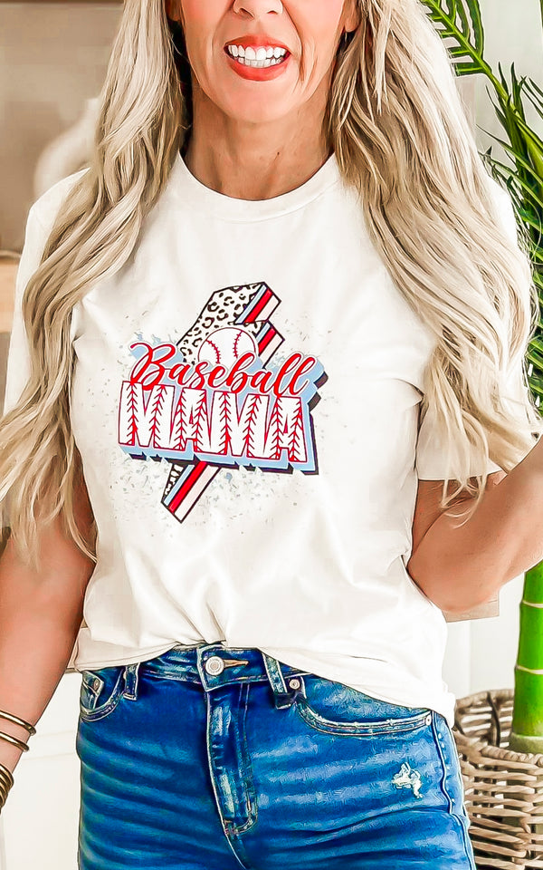 Cream Leopard Lightning Baseball Mama Graphic T-shirt