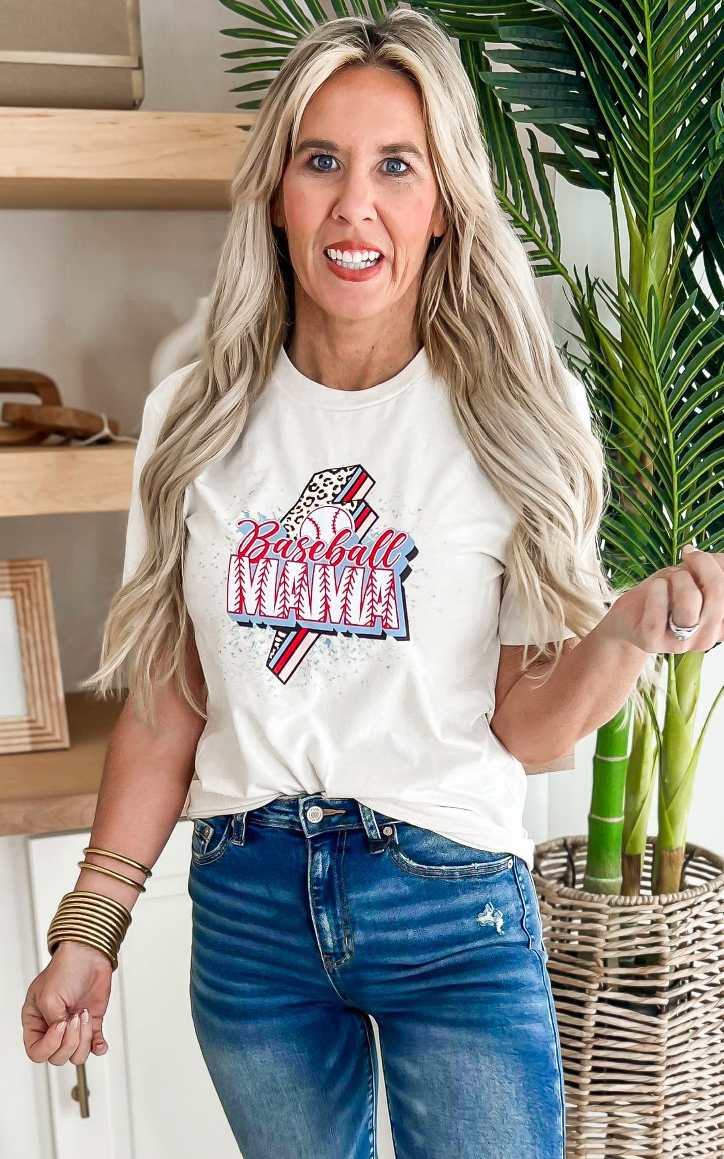 Cream Leopard Lightning Baseball Mama Graphic T-shirt