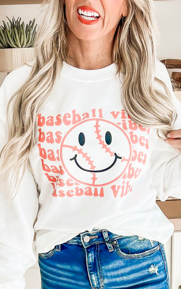 Baseball Vibes White Graphic Crewneck Sweatshirt