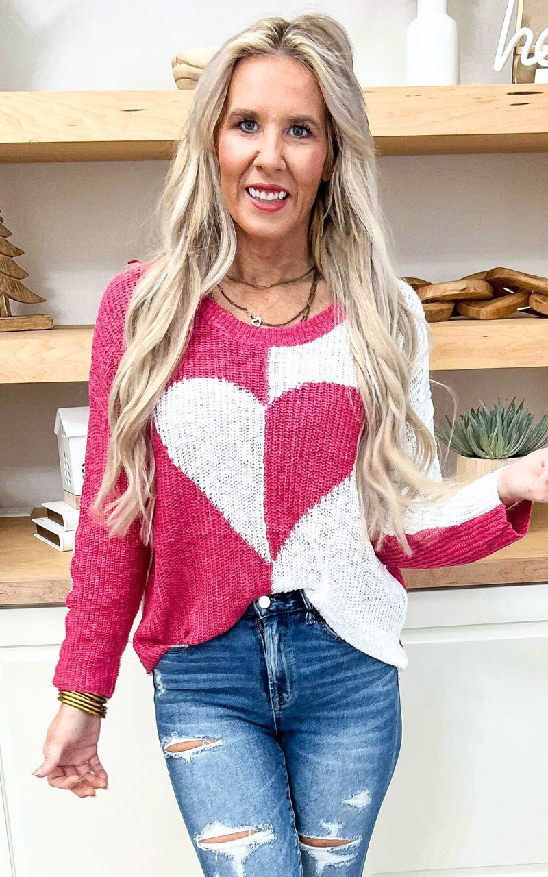Colorblock Heart Off the Shoulder Sweater