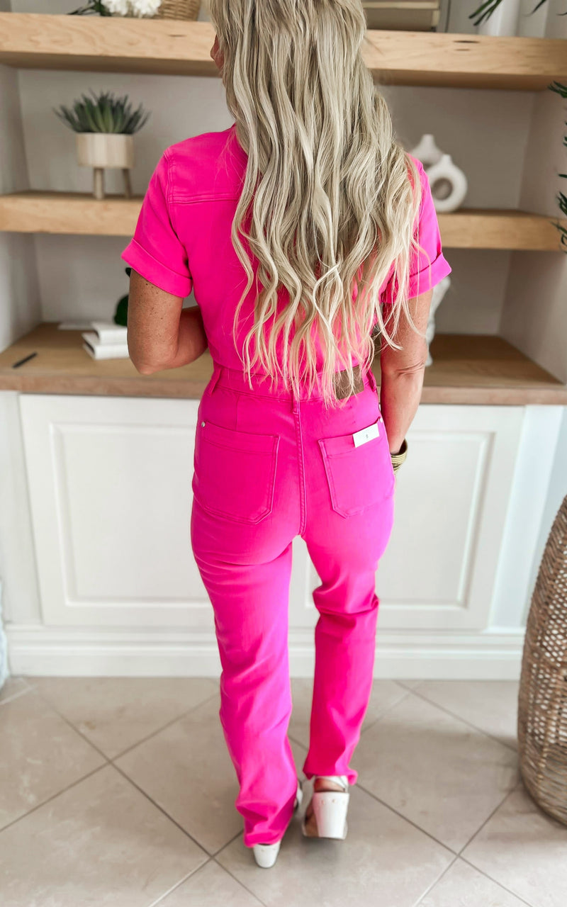Hot Pink Garment Dyed Short Sleeve Straight Jumpsuit | Judy Blue