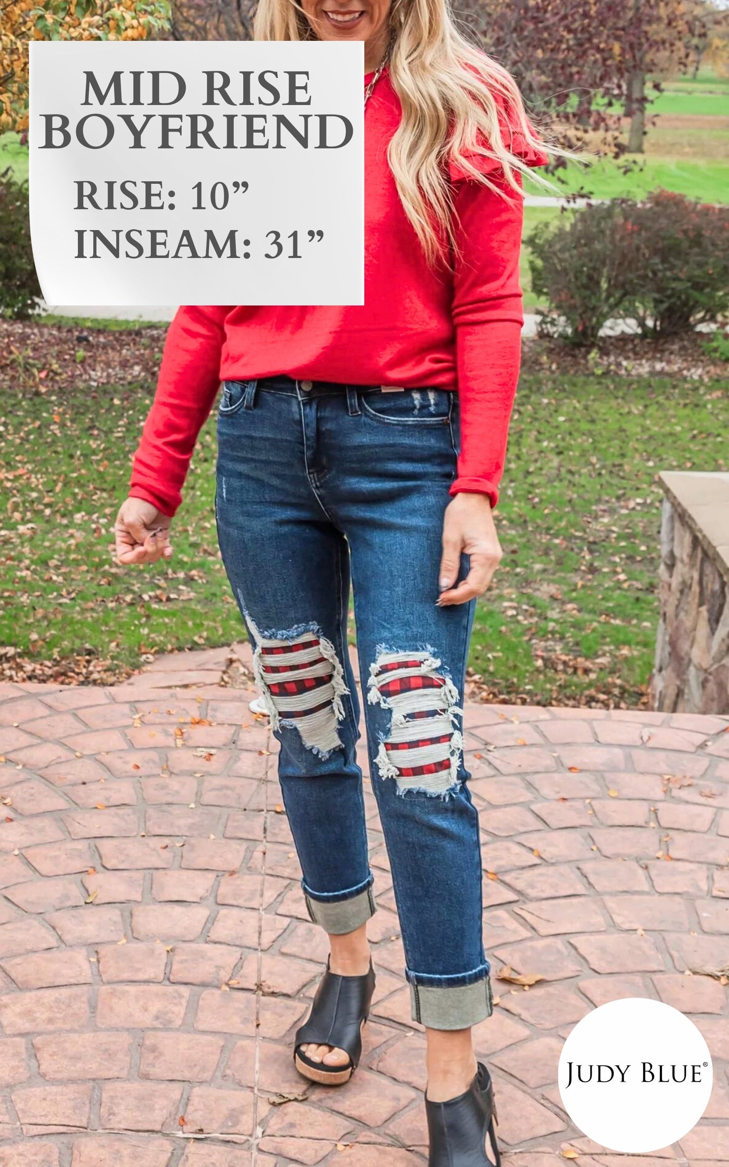 Mid Rise Buffalo Plaid Destroy Patches Boyfriend Cuff Denim Jeans | Judy Blue** - Final Sale