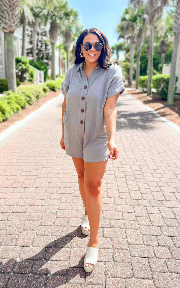 Weekend in Destin Collared Roll-Up Sleeve Gauze Romper - Final Sale