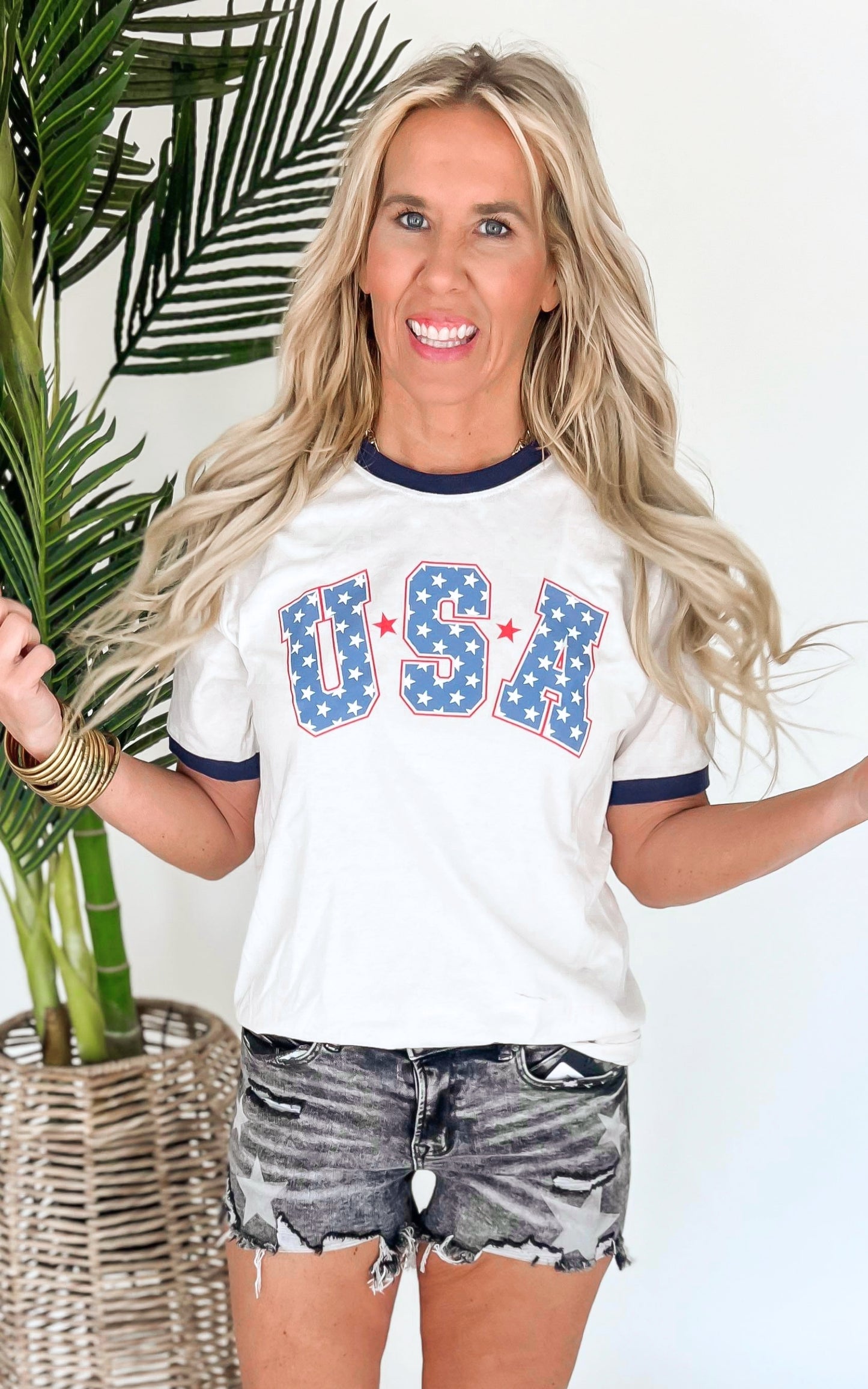 White USA Ringer Graphic T-shirt - DEAL**