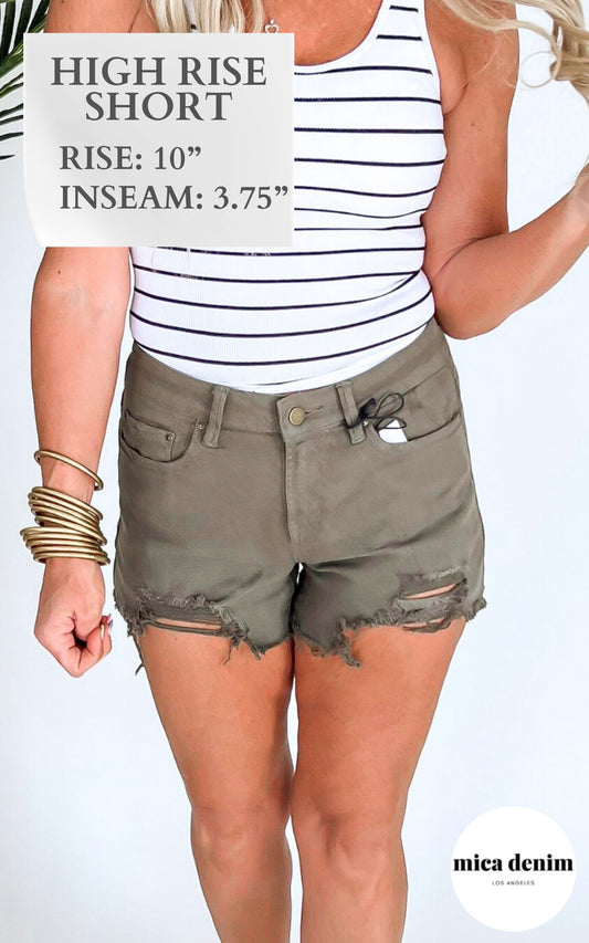 Dark Sage High Rise Denim Shorts - Mica - Final Sale