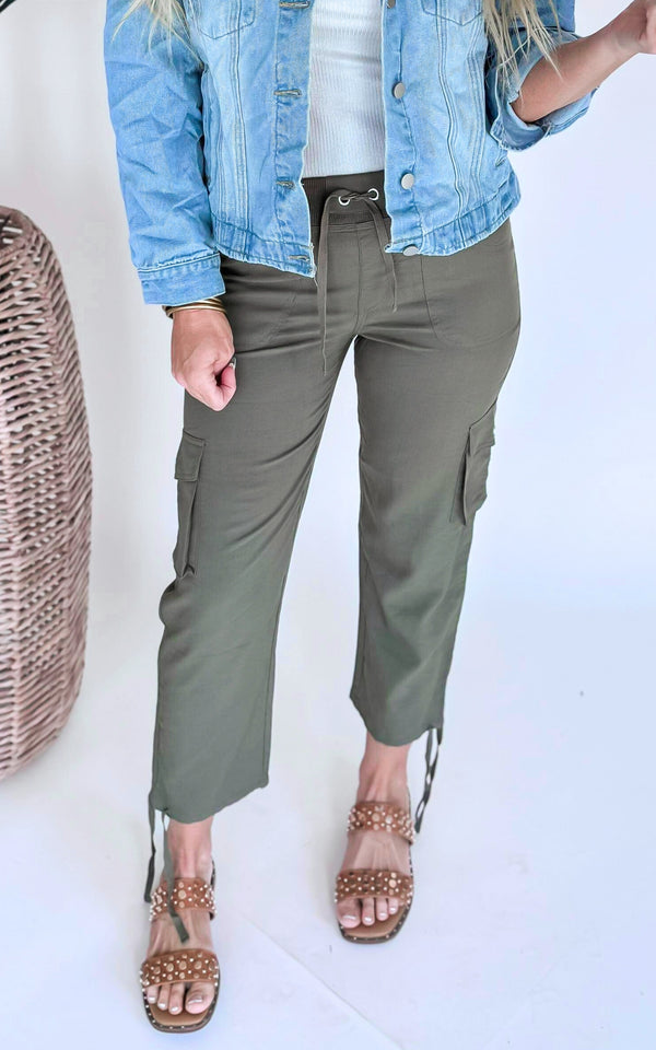 High Waisted Solid Nylon Woven Cargo Pants