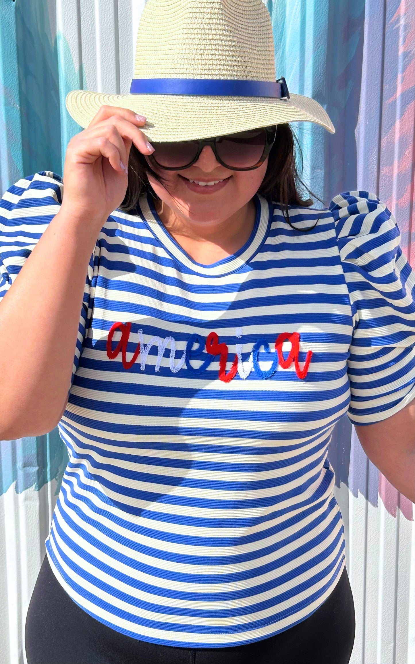 'America' Striped Puff Sleeve Tee - Final Sale