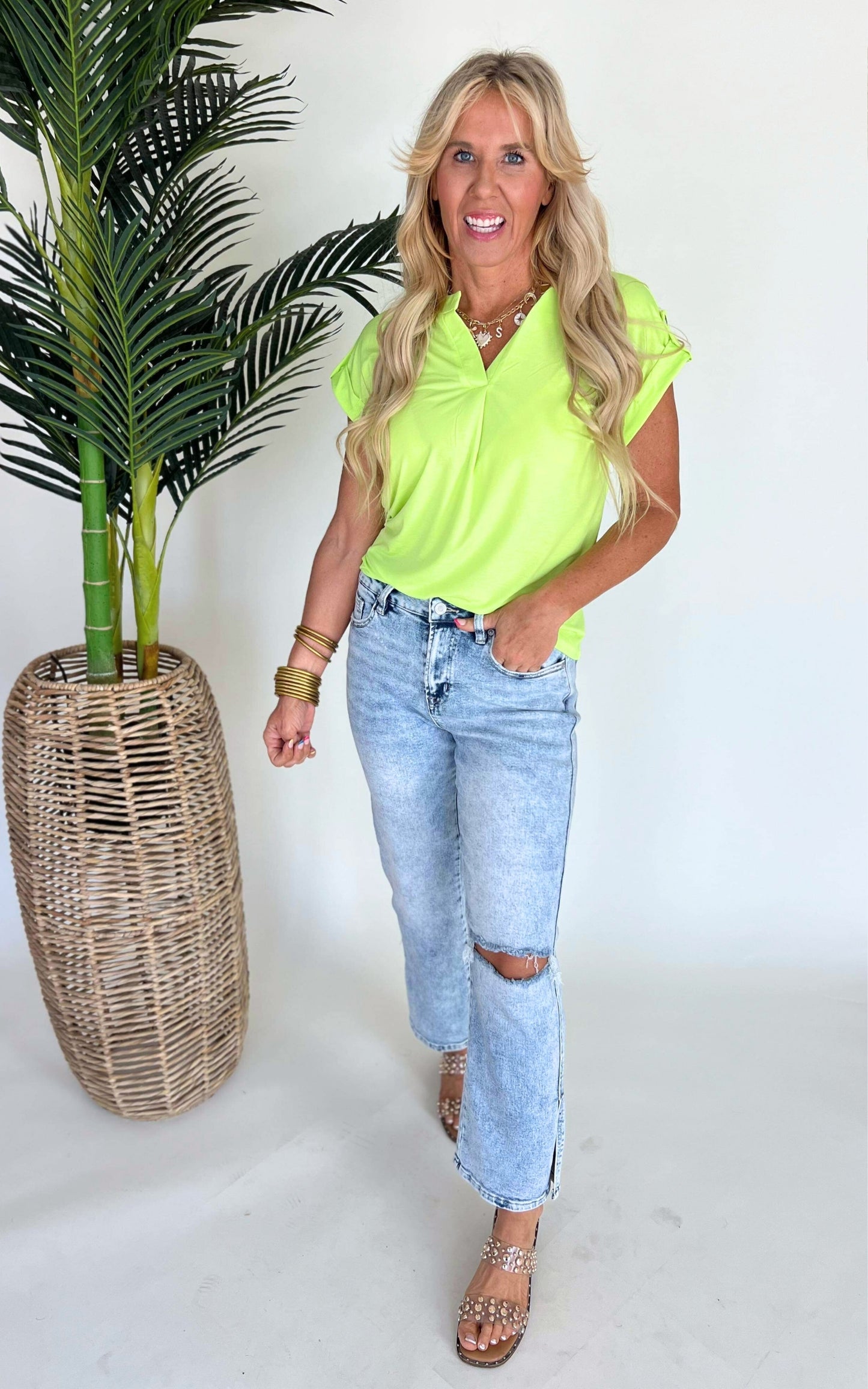 The Lizzy Neon Green Solid Short Sleeve Blouse Top - Final Sale