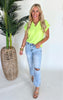 The Lizzy Neon Green Solid Short Sleeve Blouse Top - Final Sale