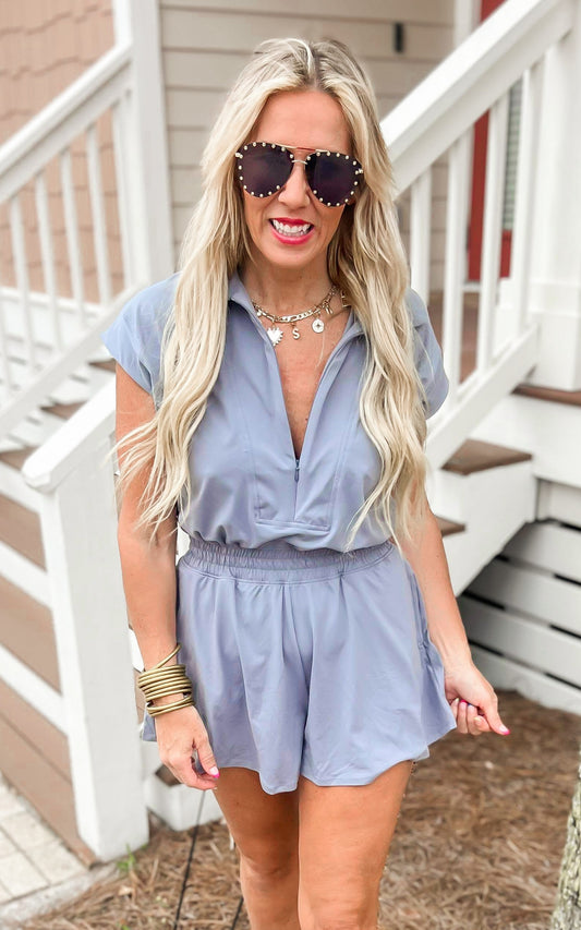 Butter Short Sleeve Quarter Zip Romper | RAE MODE