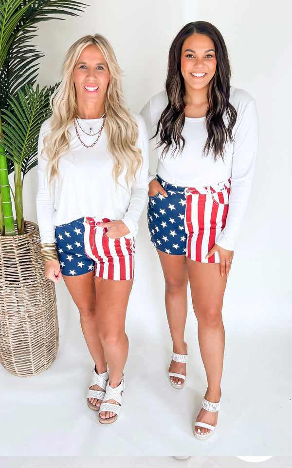 Americana Flag High Rise Fray Hem Denim Shorts (REG/CURVY) | Judy Blue