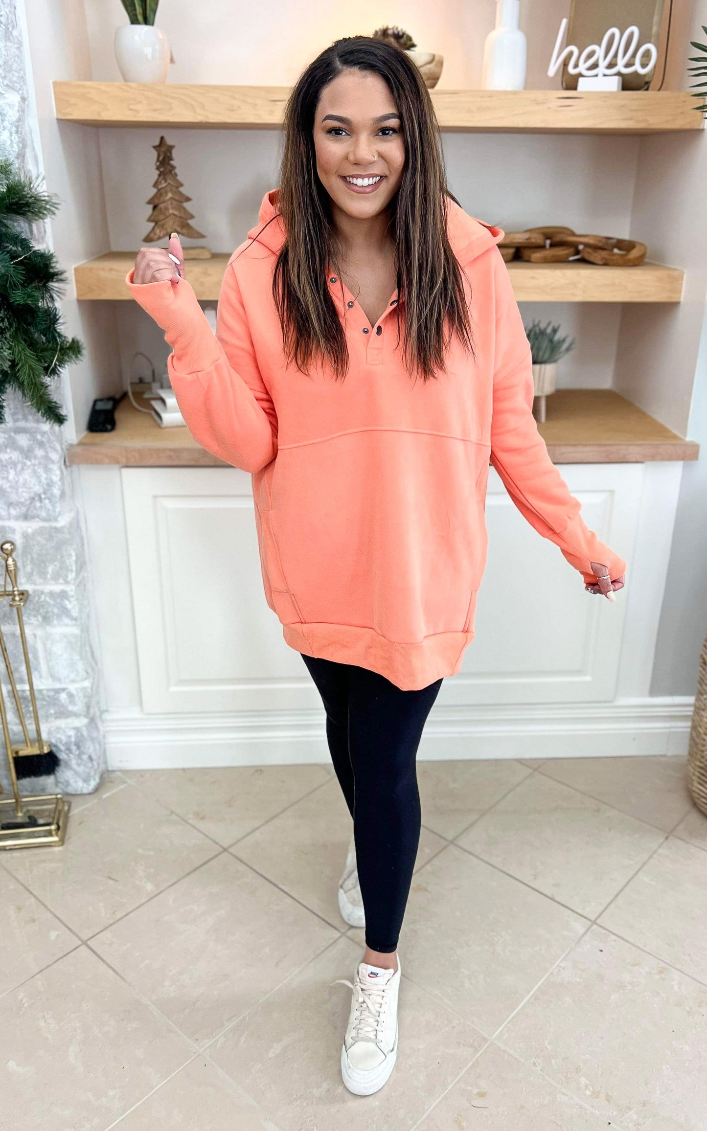 Coral Never Take Off Button Front Tunic Hoodie with Pockets by Salty Wave