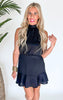 Black Hammered Satin Flare Halter Dress