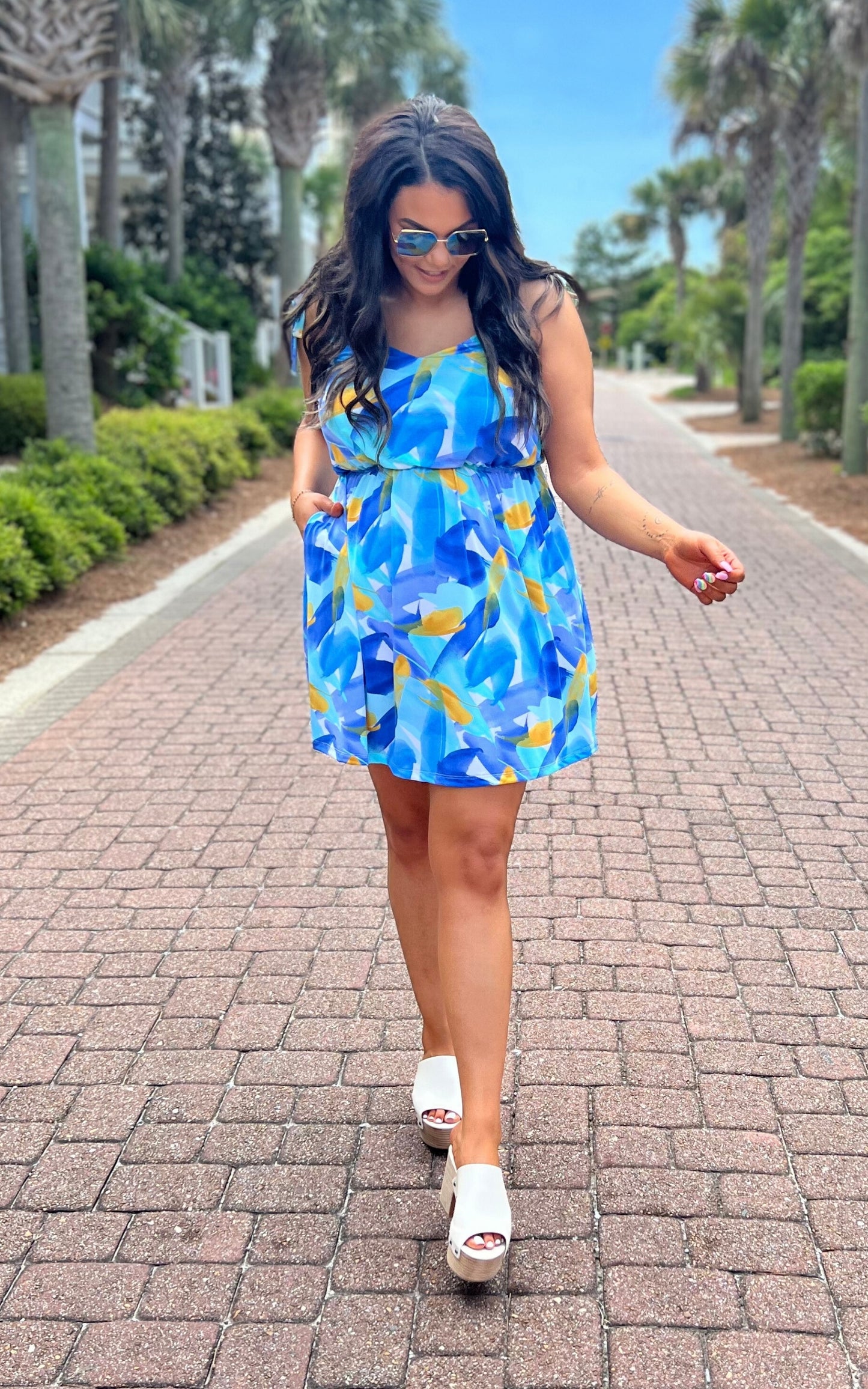 Watercolor Blue Sleeveless Floral Dress - Final Sale