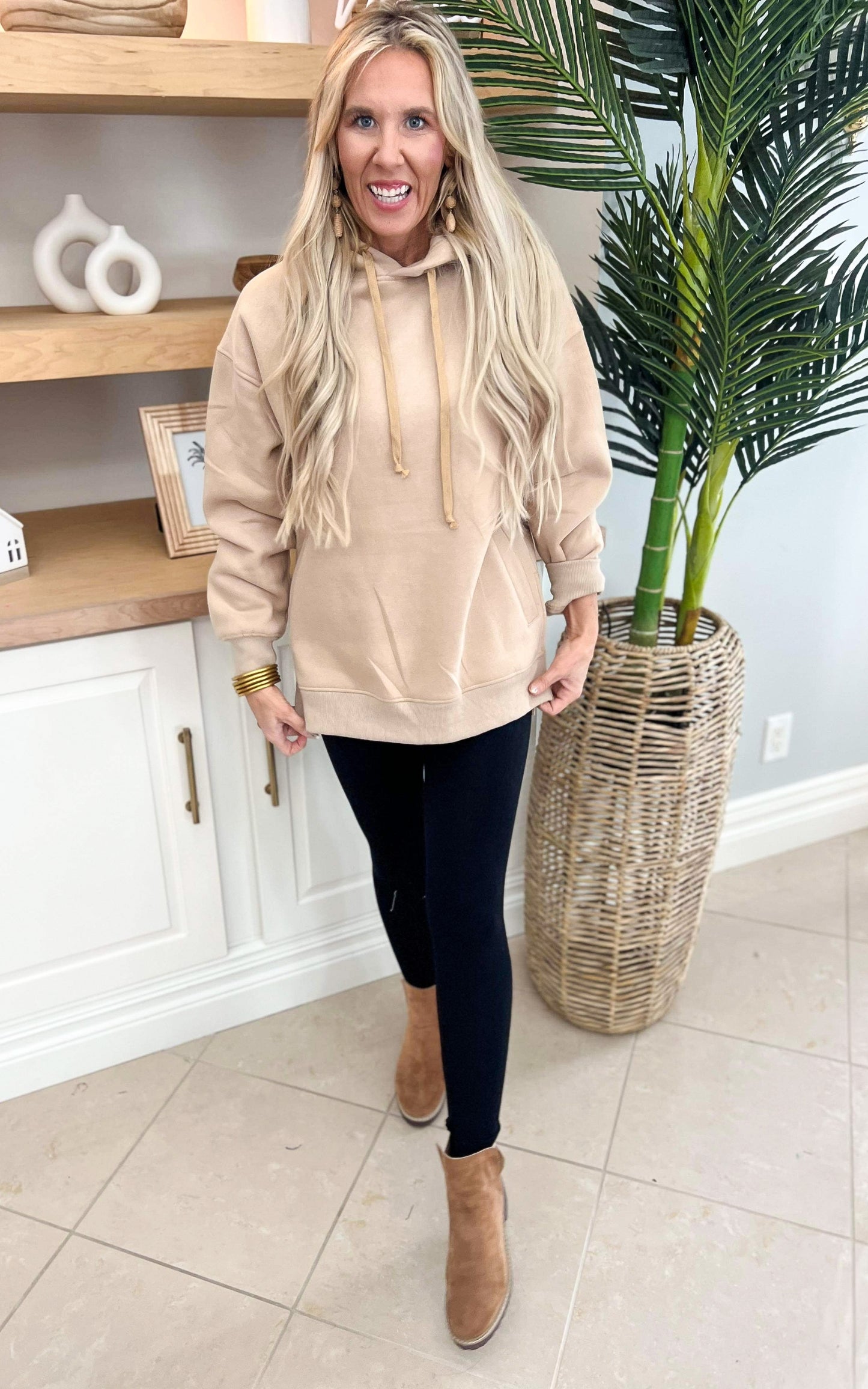 Taupe All Day Fleece Side Slit Hoodie by Salty Wave