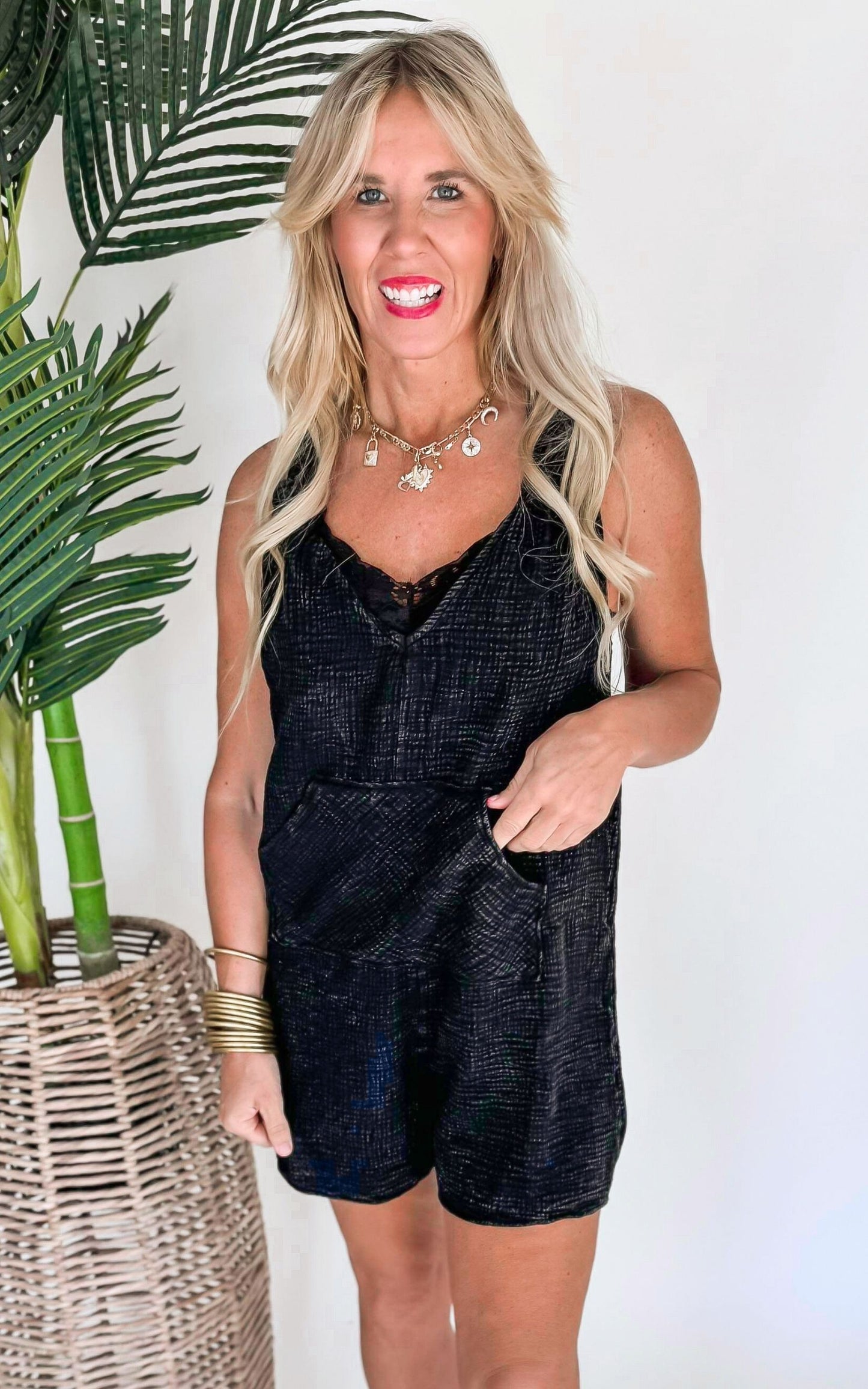 Living In The Now Mineral Washed Banded Strap Romper - Final Sale