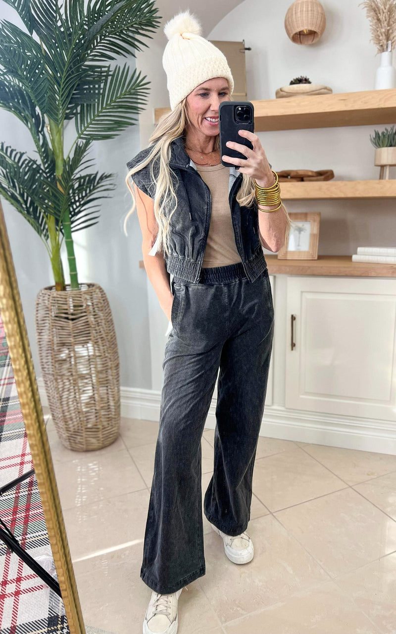 MONO B Black Mineral Washed French Terry Wide Leg Pants
